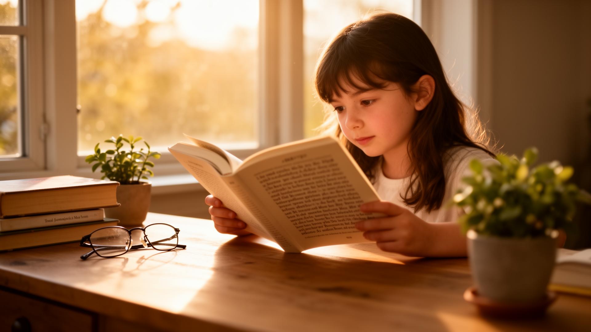 A young girl reading a large-print book at a sunlit desk